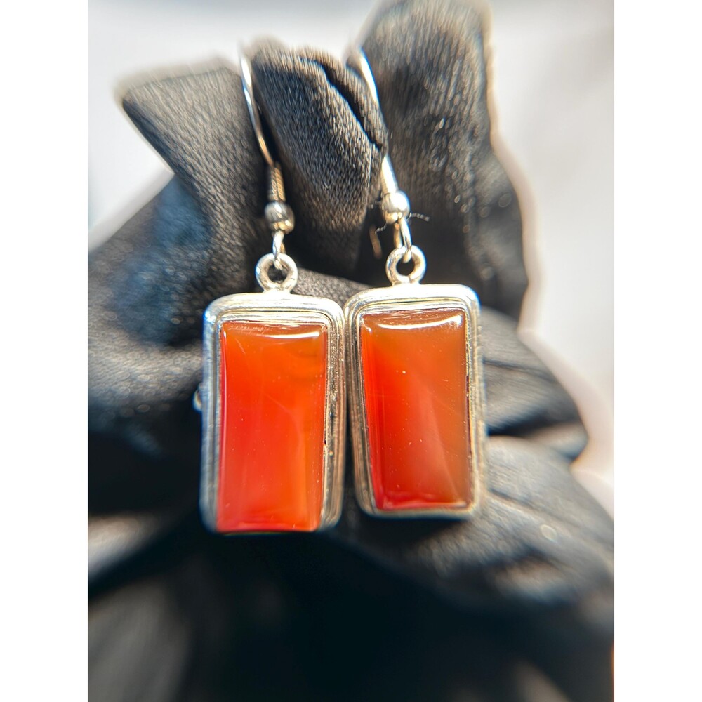 925 Sterling Silver Carnelian Rectangular Dangle Earrings Bold Red Statement Dro